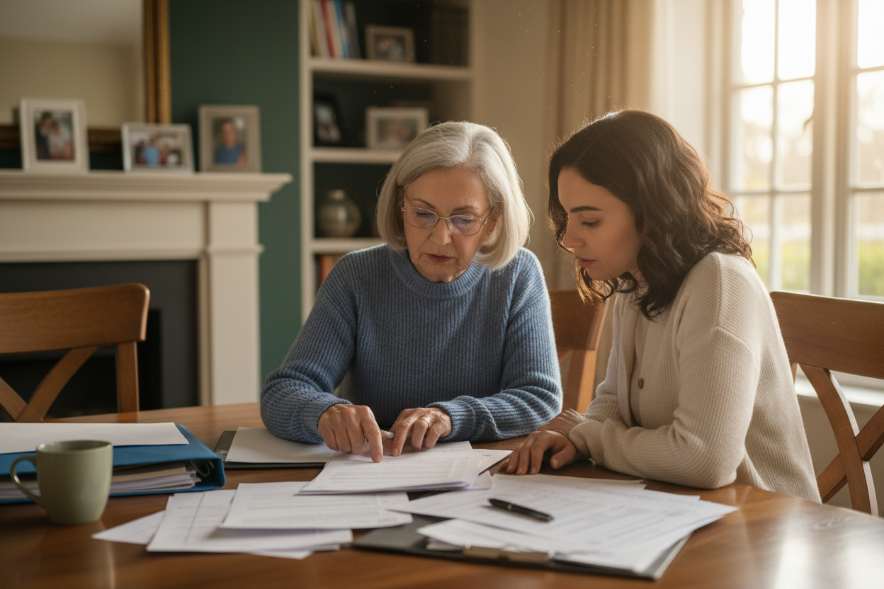 senior and family member looking at documents